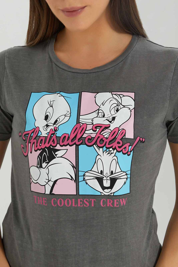 Redtag-Charcoal-Looney-Tunes-Printed-T-shirt-Category:T-Shirts,-Colour:Charcoal,-Deals:New-In,-Dept:Ladieswear,-Filter:Women's-Clothing,-New-In-Women-APL,-Non-Sale,-Section:Women,-TBL,-W22B,-Women-T-Shirts-Women's-