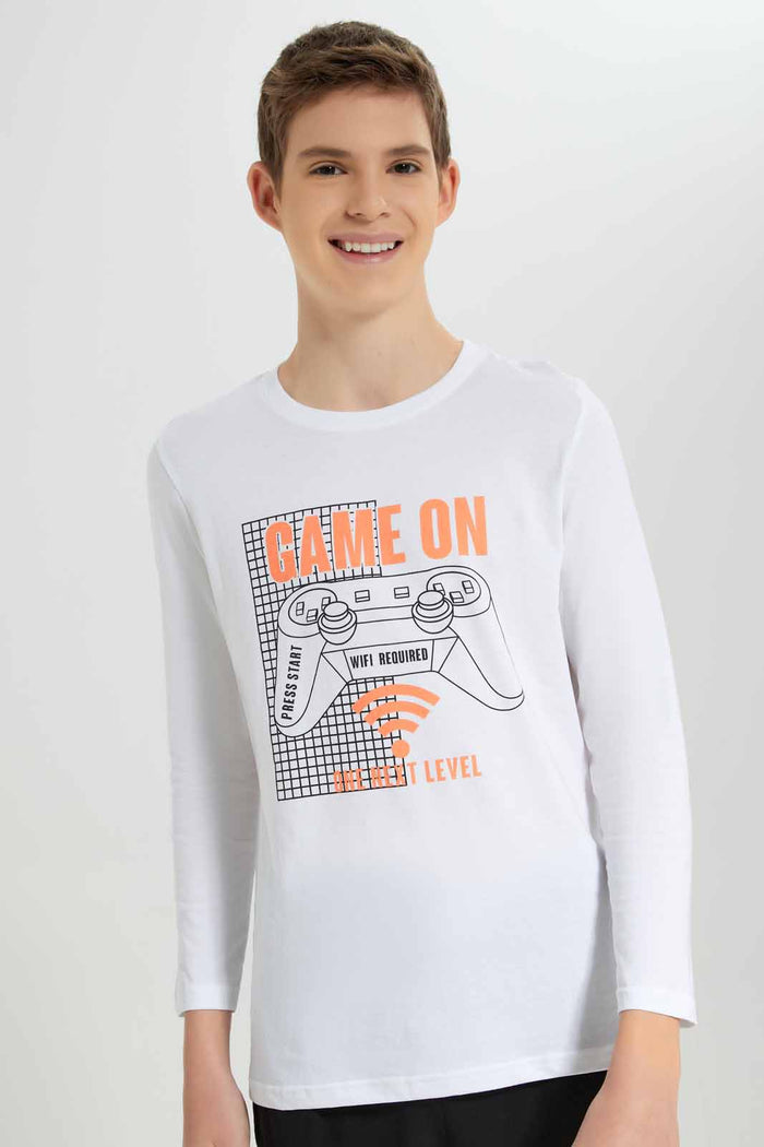 Redtag-Boys-White-Game-On-Nightsuit-BSR-Pyjama-Sets,-Category:Pyjama-Sets,-Colour:White,-Deals:New-In,-Filter:Senior-Boys-(8-to-14-Yrs),-NDAY,-New-In-BSR-APL,-Non-Sale,-Section:Boys-(0-to-14Yrs),-W22B-Senior-Boys-9 to 14 Years