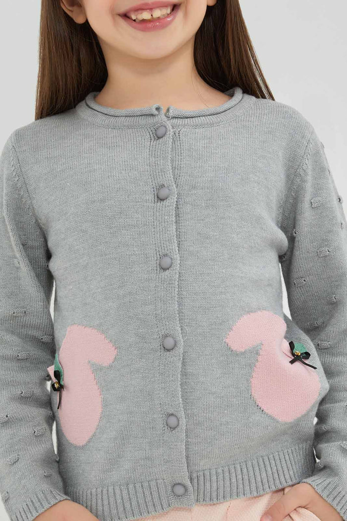 Redtag-Girls-Grey-Melange-With-Pink-Pocket-Long-Sleeve-Cardigans-Category:Cardigans,-Colour:Grey,-Deals:New-In,-Filter:Girls-(2-to-8-Yrs),-GIR-Cardigans,-New-In-GIR-APL,-Non-Sale,-Section:Girls-(0-to-14Yrs),-W22B-Girls-2 to 8 Years