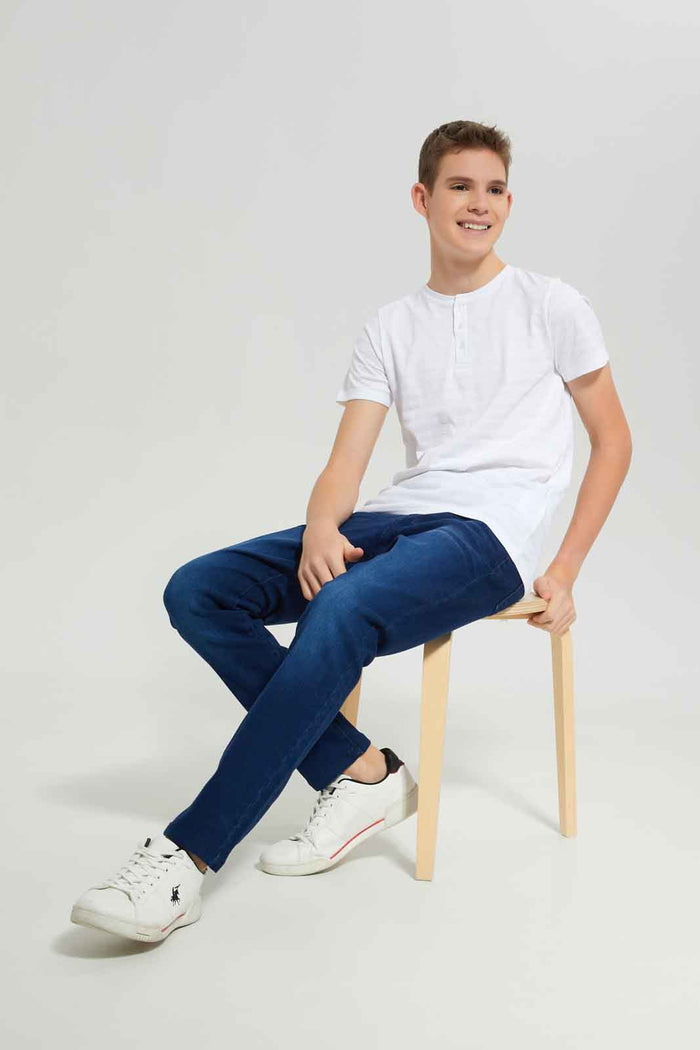 Redtag-Boys-White-Jacquard-Henley-Tee-BSR-T-Shirts,-BTS,-Category:T-Shirts,-Colour:White,-Deals:New-In,-Dept:Boys,-Filter:Senior-Boys-(8-to-14-Yrs),-New-In-BSR-APL,-Non-Sale,-S23A,-Section:Boys-(0-to-14Yrs),-TBL-Senior-Boys-9 to 14 Years