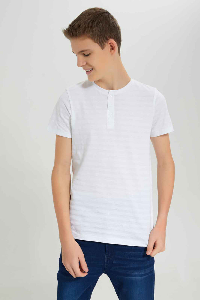 Redtag-Boys-White-Jacquard-Henley-Tee-BSR-T-Shirts,-BTS,-Category:T-Shirts,-Colour:White,-Deals:New-In,-Dept:Boys,-Filter:Senior-Boys-(8-to-14-Yrs),-New-In-BSR-APL,-Non-Sale,-S23A,-Section:Boys-(0-to-14Yrs),-TBL-Senior-Boys-9 to 14 Years
