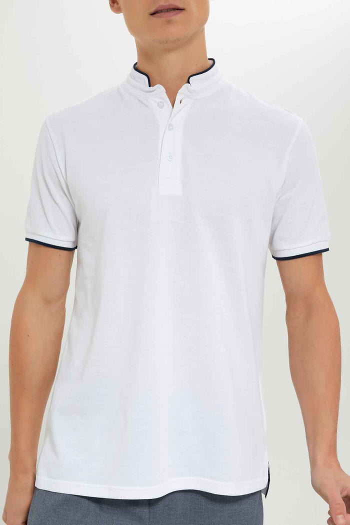 Redtag-Men-White-Standup-Collar-Polo-Shirt-Category:Polo-T-Shirts,-Colour:White,-Deals:New-In,-Dept:Menswear,-Filter:Men's-Clothing,-Men-Polo-T-Shirts,-New-In-Men-APL,-Non-Sale,-S23A,-Section:Men,-TBL-Men's-