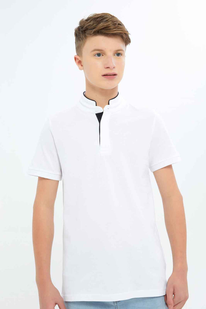 Redtag-Boys-White-Mandarin-Collar-Polo-BSR-Polo-T-Shirts,-BTS,-Category:Polo-T-Shirts,-Colour:White,-Deals:New-In,-Dept:Boys,-Filter:Senior-Boys-(8-to-14-Yrs),-New-In-BSR-APL,-Non-Sale,-S23B,-Section:Boys-(0-to-14Yrs),-TBL-Senior-Boys-9 to 14 Years