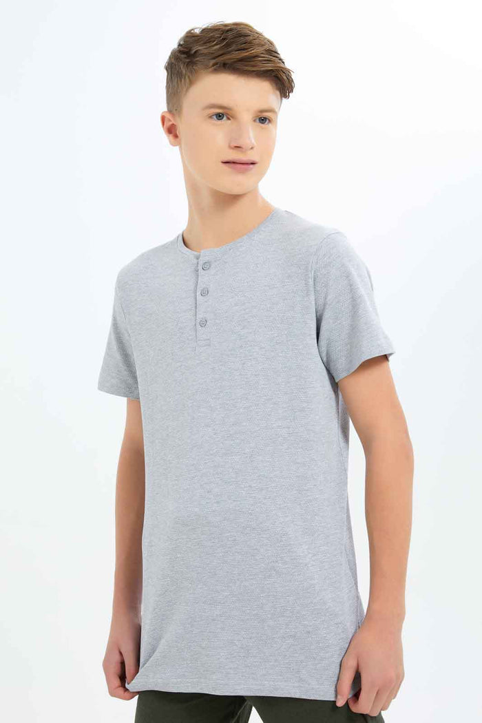 Redtag-Senior-Boys-Grey-Mel-Henley-T-Shirt-B2G1,-BSR-T-Shirts,-Category:T-Shirts,-Colour:Grey,-Deals:New-In,-Dept:Boys,-Filter:Senior-Boys-(8-to-14-Yrs),-H1:KWR,-H2:BSR,-H3:TSH,-H4:TSH,-KWRBSRTSHTSH,-New-In-BSR-APL,-Non-Sale,-ProductType:Henley-T-Shirts,-Promo:TBL,-S23B,-Season:S23B,-Section:Boys-(0-to-14Yrs),-TBL-Senior-Boys-9 to 14 Years