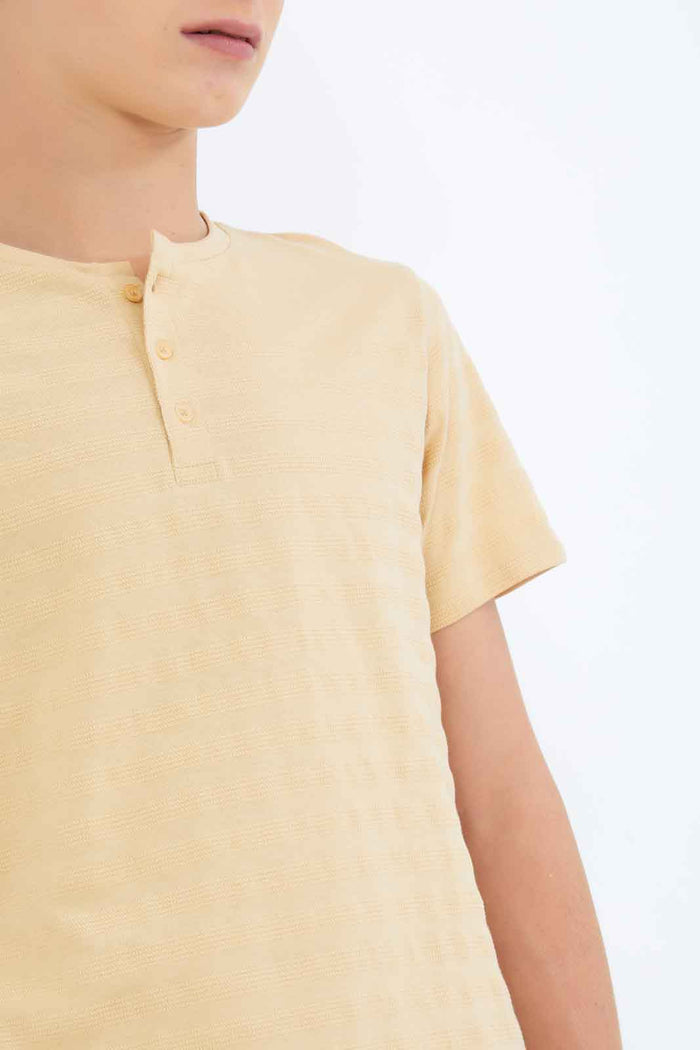 Redtag-Boys-Beige-Jacquard-Henley-Tee-BSR-T-Shirts,-Category:T-Shirts,-Colour:Beige,-Deals:New-In,-Dept:Boys,-Filter:Senior-Boys-(8-to-14-Yrs),-New-In-BSR-APL,-Non-Sale,-S23B,-Section:Boys-(0-to-14Yrs),-TBL-Senior-Boys-9 to 14 Years