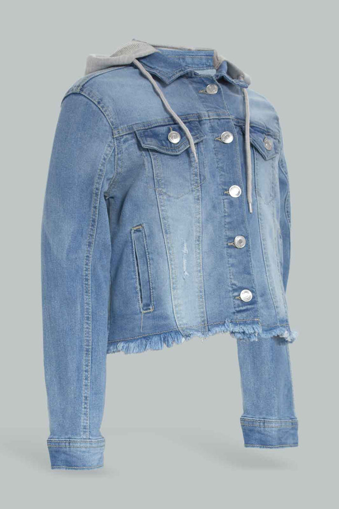 Redtag-Girls-Denim-Jacket-With-Hood-Category:Jackets,-Colour:Light-Wash,-Deals:New-In,-Filter:Senior-Girls-(8-to-14-Yrs),-GSR-Jackets,-New-In-GSR-APL,-Non-Sale,-Section:Girls-(0-to-14Yrs),-W22B-Senior-Girls-9 to 14 Years