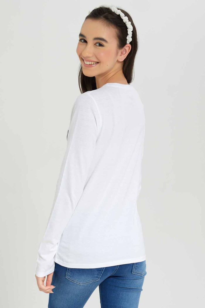 Redtag-Girls-White-L/S-T-Shirt-BTS,-Category:T-Shirts,-Colour:White,-Deals:New-In,-Dept:Girls,-Filter:Senior-Girls-(8-to-14-Yrs),-GSR-T-Shirts,-New-In-GSR-APL,-Non-Sale,-S23A,-Section:Girls-(0-to-14Yrs),-TBL-Senior-Girls-9 to 14 Years