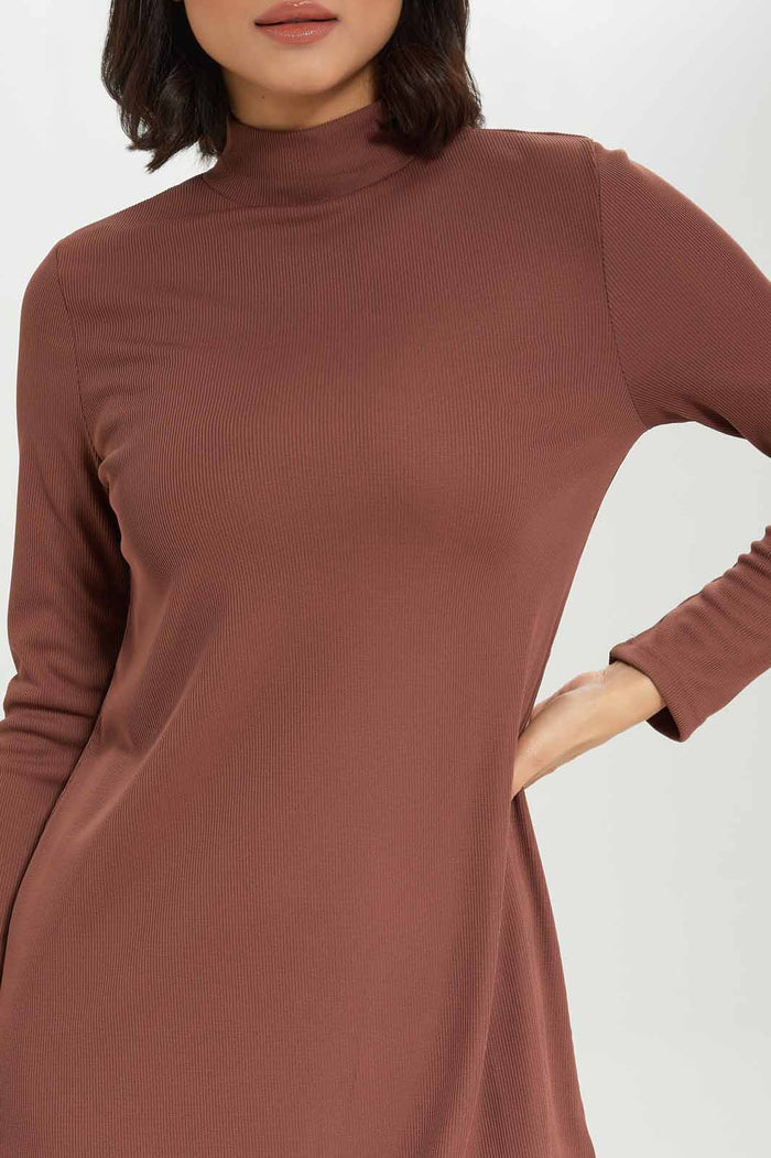 Redtag-Women-Rust-Rib-Swing-Dress-Category:Dresses,-Colour:Brown,-Deals:New-In,-Dept:Ladieswear,-Filter:Women's-Clothing,-New-In-Women-APL,-Non-Sale,-S23A,-Section:Women,-Women-Dresses-Women's-