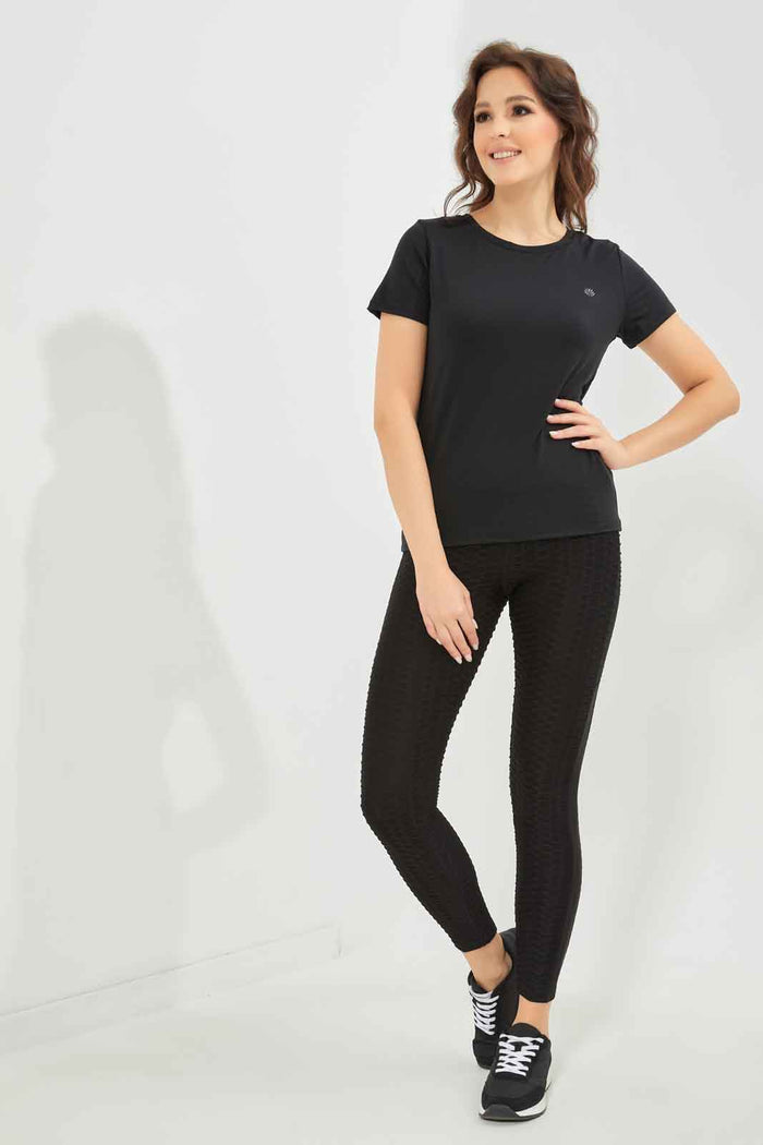 Redtag-Women-Black-Short-Sleeve-Placement-Print-Active-T-Shirt-Category:T-Shirts,-Colour:Black,-Deals:New-In,-Dept:Ladieswear,-Filter:Women's-Clothing,-New-In-Women-APL,-Non-Sale,-S23A,-Section:Women,-Women-T-Shirts-Women's-
