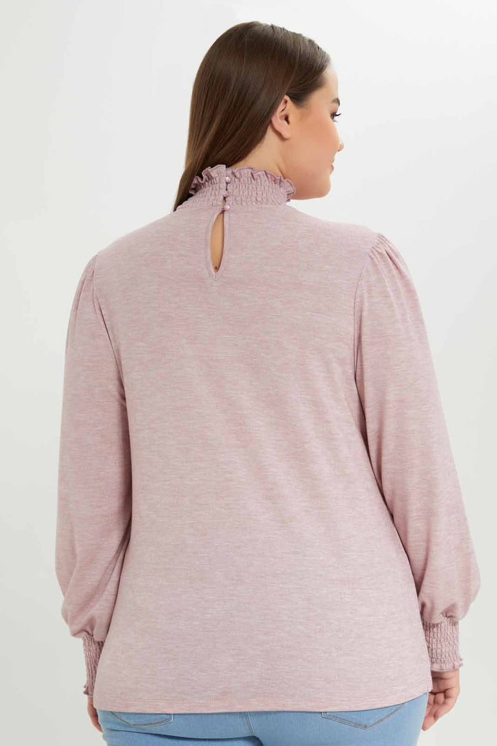Redtag-Women-Pink-High-Neck-Puff-Sleeve-Jersey-Top-Category:Tops,-Colour:Apricot,-Deals:New-In,-Dept:Ladieswear,-Filter:Plus-Size,-LDP-Tops,-New-In-LDP-APL,-Non-Sale,-S23A,-Section:Women-Women's-