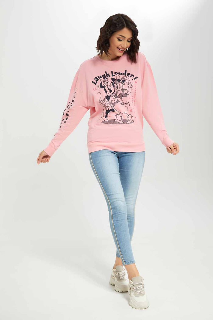 Redtag-Women-Pink-Minnie-And-Daisy-Printed-Sweatshirt-Category:Sweatshirts,-CHA,-Colour:Apricot,-Deals:New-In,-Dept:Ladieswear,-Filter:Women's-Clothing,-New-In-Women-APL,-Non-Sale,-S23A,-Section:Women,-TBL,-Women-Sweatshirts-Women's-