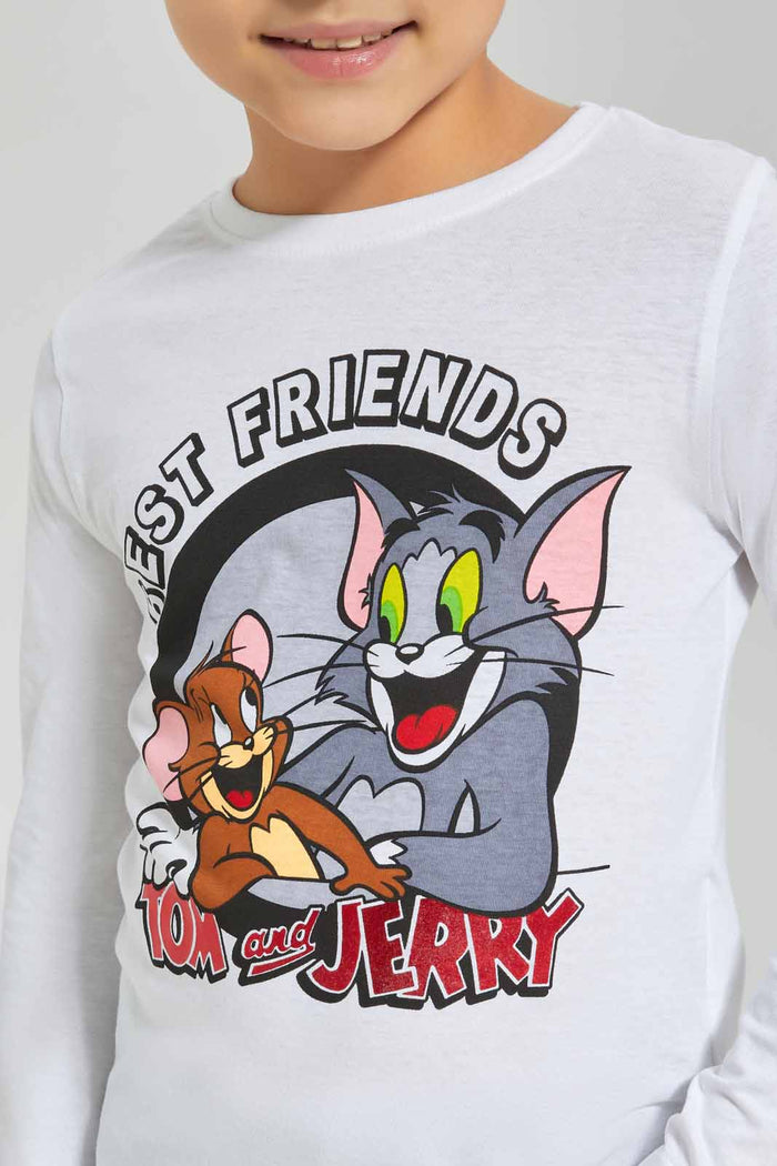 Redtag-Boys-White-Tom-And-Jerry-Character-Long-Sleeve-T-Shirt-BOY-T-Shirts,-Category:T-Shirts,-CHA,-Colour:White,-Deals:New-In,-Dept:Boys,-Filter:Boys-(2-to-8-Yrs),-New-In-BOY-APL,-Non-Sale,-S23A,-Section:Boys-(0-to-14Yrs),-TBL-Boys-2 to 8 Years
