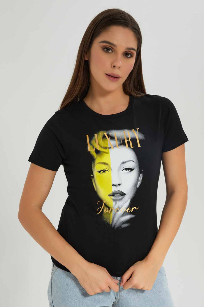 Redtag-Women-Black-Luxury-Forever-Printed-T-Shirt-Category:T-Shirts,-Colour:Black,-Deals:New-In,-Dept:Ladieswear,-Filter:Women's-Clothing,-New-In-Women-APL,-Non-Sale,-S23A,-Section:Women,-TBL,-Women-T-Shirts-Women's-