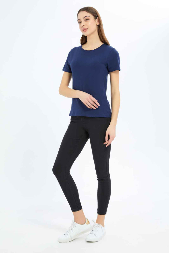 Redtag-Women-Navy-Short-Sleeve-Crew-Neck-T-Shirt-Category:T-Shirts,-Colour:Navy,-Deals:2-FOR-37,-Deals:New-In,-Dept:Ladieswear,-Filter:Women's-Clothing,-New-In-Women-APL,-Non-Sale,-S23A,-Section:Women,-TBL,-Women-T-Shirts-Women's-