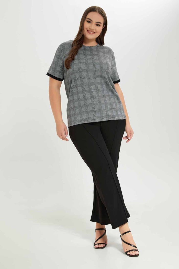 Redtag-Women-Grey-Checked-T-Shirt-With-Contrast-Sleeve-Hem-Category:Tops,-Colour:Assorted,-Deals:New-In,-Dept:Ladieswear,-Filter:Plus-Size,-LDP-Tops,-New-In-LDP-APL,-Non-Sale,-S23A,-Section:Women-Women's-