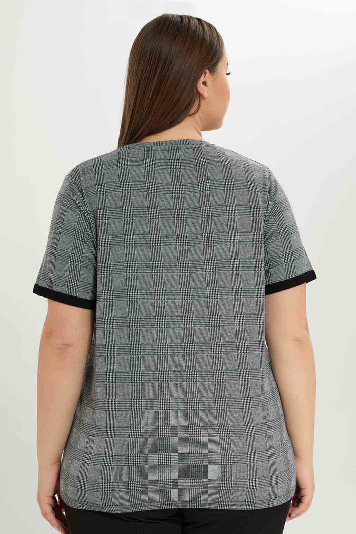 Redtag-Women-Grey-Checked-T-Shirt-With-Contrast-Sleeve-Hem-Category:Tops,-Colour:Assorted,-Deals:New-In,-Dept:Ladieswear,-Filter:Plus-Size,-LDP-Tops,-New-In-LDP-APL,-Non-Sale,-S23A,-Section:Women-Women's-