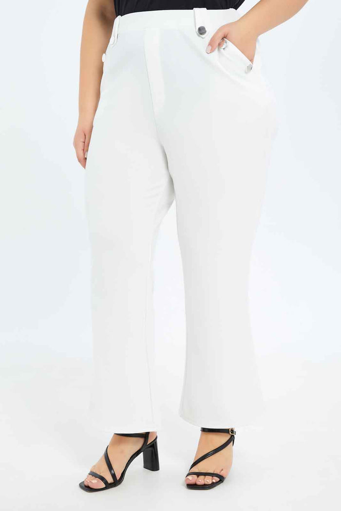 Redtag-Women-White-Straight-Leg-Button-Detail-Trouser-Category:Trousers,-Colour:White,-Deals:New-In,-Dept:Ladieswear,-Filter:Plus-Size,-LDP-Trousers,-New-In-LDP-APL,-Non-Sale,-S23B,-Section:Women-Women's-