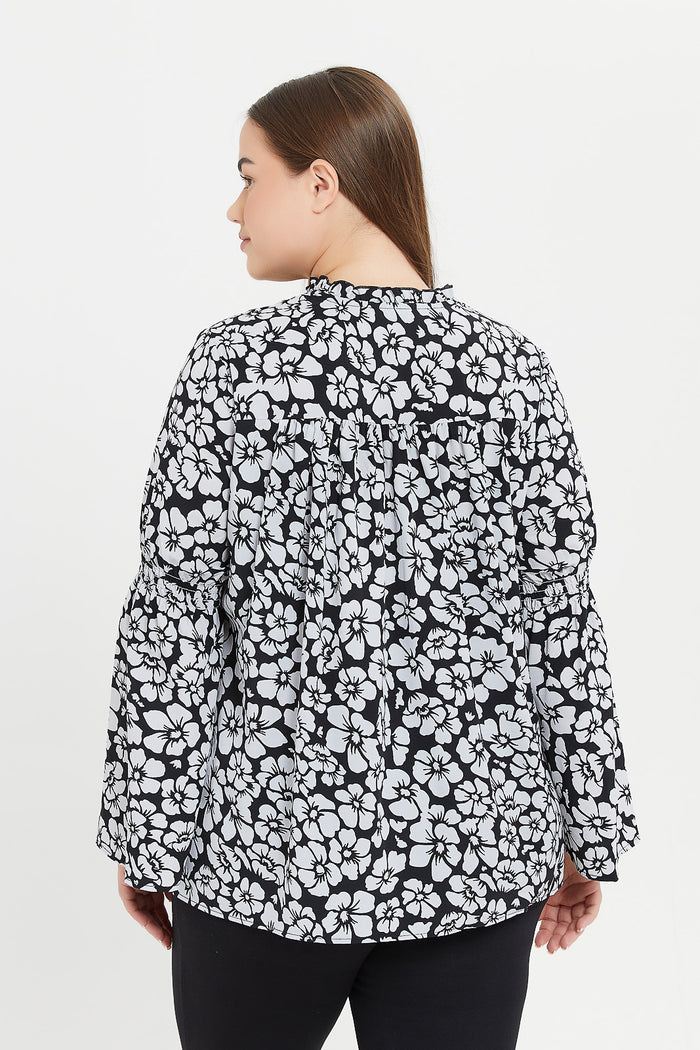 Redtag-Women-Black-Floral-Printed-Gathered-Empire-Seam-Flared-Blouse-Category:Blouses,-Colour:Assorted,-Deals:New-In,-Dept:Ladieswear,-Filter:Plus-Size,-H1:LWR,-H2:LDP,-H3:BLO,-H4:CBL,-LDP-Blouses,-LWRLDPBLOCBL,-New-In-LDP-APL,-Non-Sale,-ProductType:Blouses,-S23A,-Season:S23A,-Section:Women-Women's-