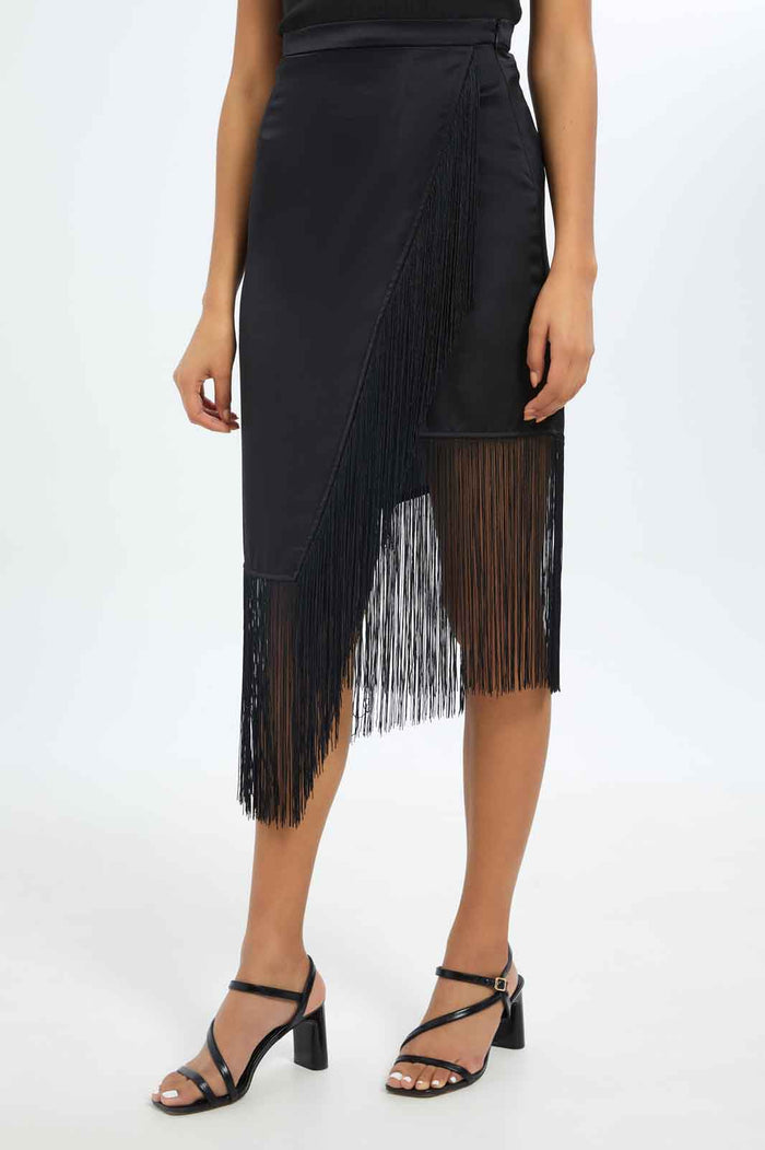 Redtag-Women-Black-Tassel-Hem-Mid-Skirt-Category:Skirts,-Colour:Black,-Deals:New-In,-Dept:Ladieswear,-Filter:Women's-Clothing,-LEC,-LEC-Skirts,-New-In-LEC-APL,-Non-Sale,-S23A,-Section:Women-Women's-