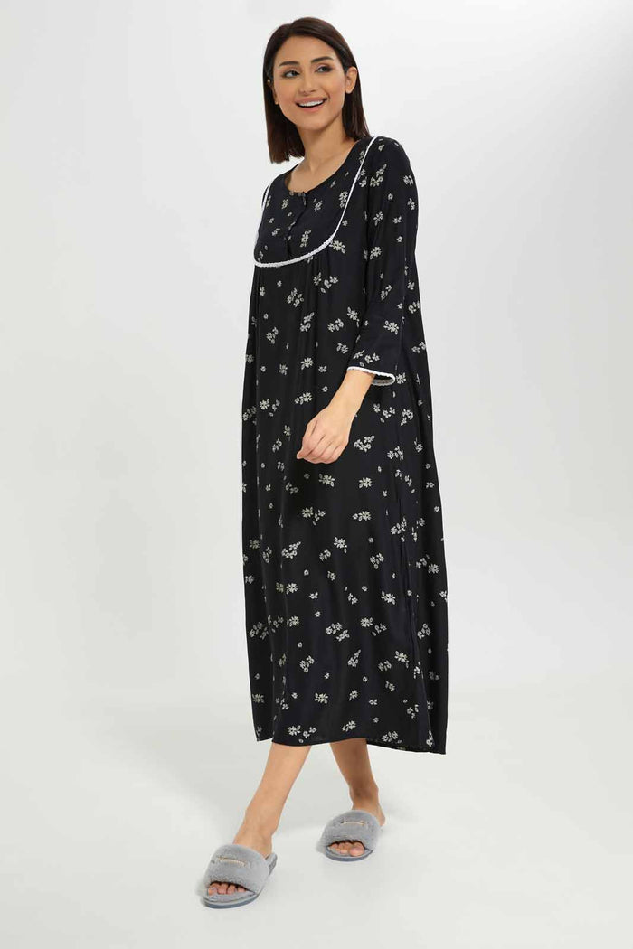Redtag-Women-Black-Longsleeve-Nightgown-Category:Nightgowns,-Colour:Black,-Deals:New-In,-Dept:Ladieswear,-Filter:Women's-Clothing,-New-In-Women-APL,-Non-Sale,-S23A,-Section:Women,-Women-Nightgowns--