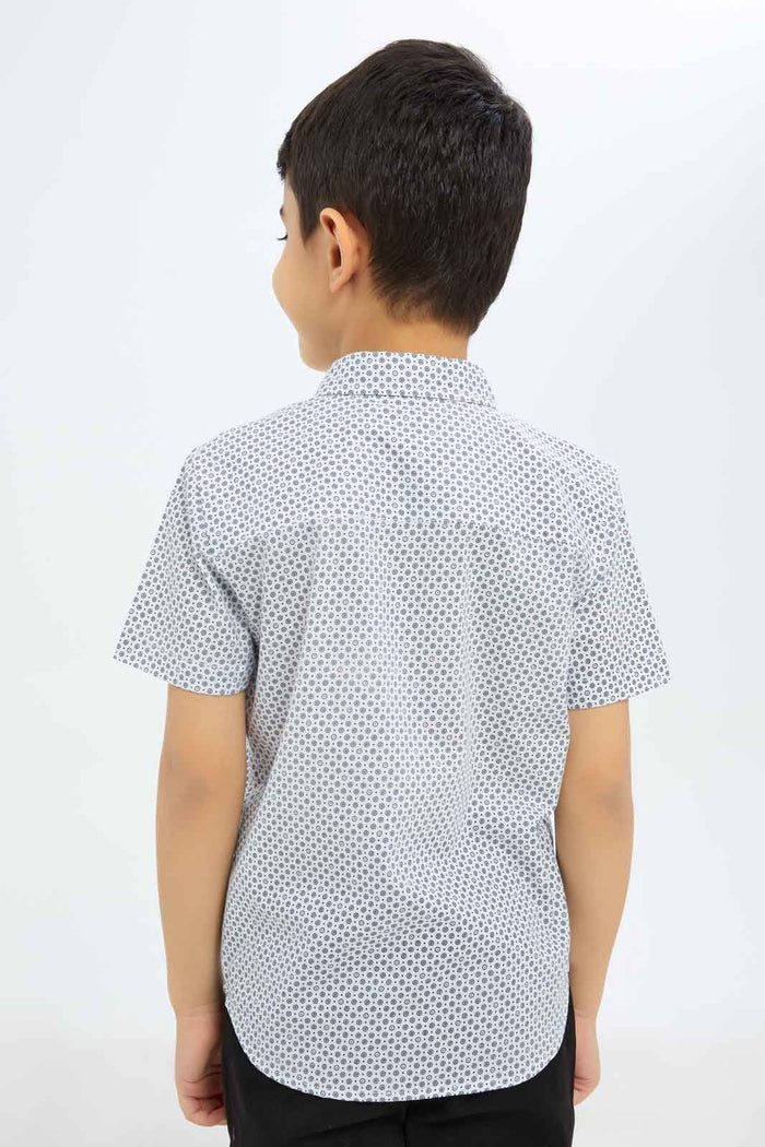 Redtag-Boys-White-Print-Short-Sleeve-Shirt-BOY-Shirts,-Category:Shirts,-Colour:White,-Deals:New-In,-Dept:Boys,-Filter:Boys-(2-to-8-Yrs),-New-In-BOY-APL,-Non-Sale,-S23C,-Section:Boys-(0-to-14Yrs)-Boys-2 to 8 Years