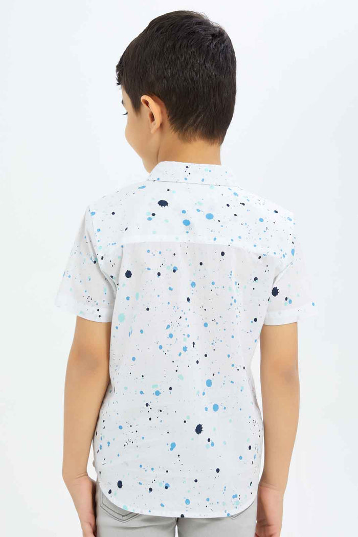 Redtag-Boys-White-Paint-Splat-Short-Sleeve-Shirt-BOY-Shirts,-Category:Shirts,-Colour:White,-Deals:New-In,-Dept:Boys,-Filter:Boys-(2-to-8-Yrs),-New-In-BOY-APL,-Non-Sale,-S23C,-Section:Boys-(0-to-14Yrs)-Boys-2 to 8 Years
