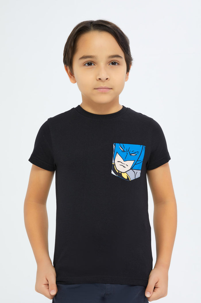 Redtag-Boys-Black-Batman-Pocket-T-Shirt-BOY-T-Shirts,-Category:T-Shirts,-CHA,-Colour:Black,-Deals:New-In,-Dept:Boys,-Filter:Boys-(2-to-8-Yrs),-H1:KWR,-H2:BOY,-H3:TSH,-H4:TSH,-New-In-BOY-APL,-Non-Sale,-S23C,-Season:S23C,-Section:Boys-(0-to-14Yrs)-Boys-2 to 8 Years