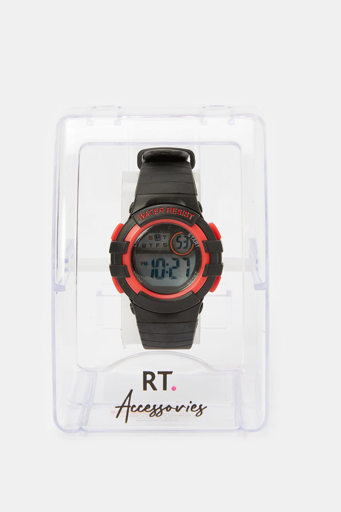 Redtag-Black-And-Red-Multi-Functional-Digital-Watch-BOY-Watches,-Category:Watches,-Colour:Assorted,-Deals:New-In,-Filter:Boys-Accessories,-H1:ACC,-H2:BOY,-H3:BOA,-H4:BOA-BOYS-ACCESSORIES,-New-In,-New-In-BOY-ACC,-Non-Sale,-ProductType:Digital-Watches,-S23C,-Season:S23C,-Section:Boys-(0-to-14Yrs)-Boys-