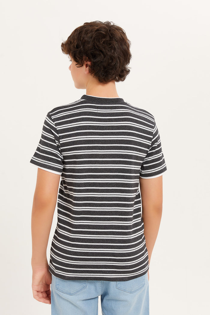 Redtag-Boys-Grey-Mel-Jacquard-Stripe-Tee-BSR-T-Shirts,-Category:T-Shirts,-Colour:Grey,-Deals:New-In,-Dept:Boys,-Filter:Senior-Boys-(8-to-14-Yrs),-H1:KWR,-H2:BSR,-H3:TSH,-H4:TSH,-KWRBSRTSHTSH,-New-In-BSR-APL,-Non-Sale,-RMD,-S23C,-Season:S23D,-Section:Boys-(0-to-14Yrs)-Senior-Boys-9 to 14 Years