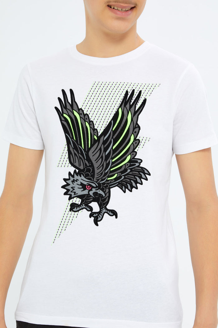 Redtag-Boys-White-Flying-Bird-Tee-BSR-T-Shirts,-Category:T-Shirts,-Colour:White,-Deals:New-In,-Dept:Boys,-Filter:Senior-Boys-(8-to-14-Yrs),-H1:KWR,-H2:BSR,-H3:TSH,-H4:TSH,-New-In-BSR-APL,-Non-Sale,-RMD,-S23C,-Season:S23C,-Section:Boys-(0-to-14Yrs)-Senior-Boys-9 to 14 Years