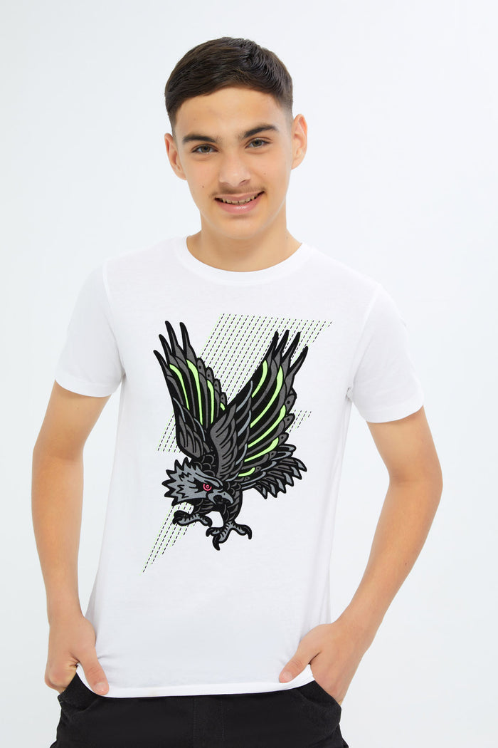 Redtag-Boys-White-Flying-Bird-Tee-BSR-T-Shirts,-Category:T-Shirts,-Colour:White,-Deals:New-In,-Dept:Boys,-Filter:Senior-Boys-(8-to-14-Yrs),-H1:KWR,-H2:BSR,-H3:TSH,-H4:TSH,-New-In-BSR-APL,-Non-Sale,-RMD,-S23C,-Season:S23C,-Section:Boys-(0-to-14Yrs)-Senior-Boys-9 to 14 Years