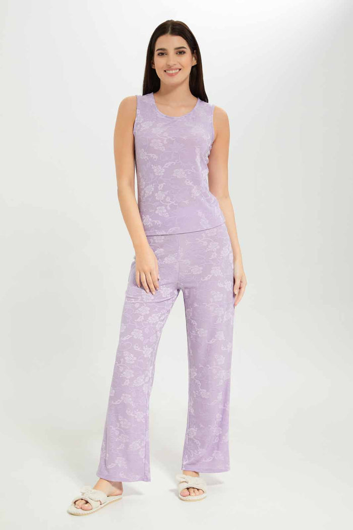 Redtag-Women-Lilac-Jacquard-Sleevesless-Pyjama-Set-Category:Pyjama-Sets,-Colour:Lilac,-Deals:New-In,-Dept:Ladieswear,-Filter:Women's-Clothing,-New-In-Women-APL,-Non-Sale,-S23A,-Section:Women,-Women-Pyjama-Sets--