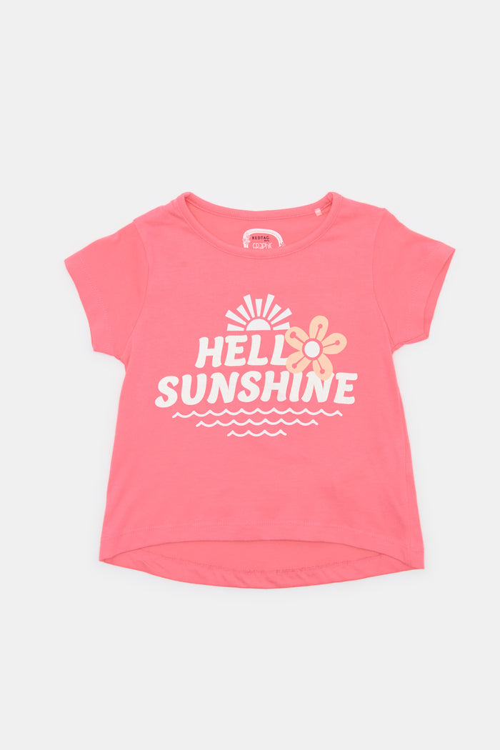 Redtag-Girls-Pink-Hello-Sunshine-Print-T-Shirt-Category:T-Shirts,-Colour:Apricot,-Deals:New-In,-Dept:Girls,-Filter:Infant-Girls-(3-to-24-Mths),-H1:KWR,-H2:ING,-H3:TSH,-H4:CAT,-ING-T-Shirts,-KWRINGTSHCAT,-New-In-ING-APL,-Non-Sale,-ProductType:Graphic-T-Shirts,-S23C,-Season:S23D,-Section:Girls-(0-to-14Yrs),-TBL-Infant-Girls-3 to 24 Months