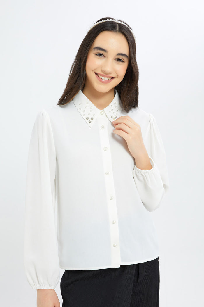 Redtag-Girls-White-Shirt-W/-Pearls-On-Collar-Category:Blouses,-Colour:White,-Deals:New-In,-Dept:Girls,-Filter:Senior-Girls-(8-to-14-Yrs),-GSR-Blouses,-H1:KWR,-H2:GSR,-H3:BLO,-H4:CBL,-New-In-GSR-APL,-Non-Sale,-RMD,-S23C,-Season:S23C,-Section:Girls-(0-to-14Yrs)-Senior-Girls-9 to 14 Years