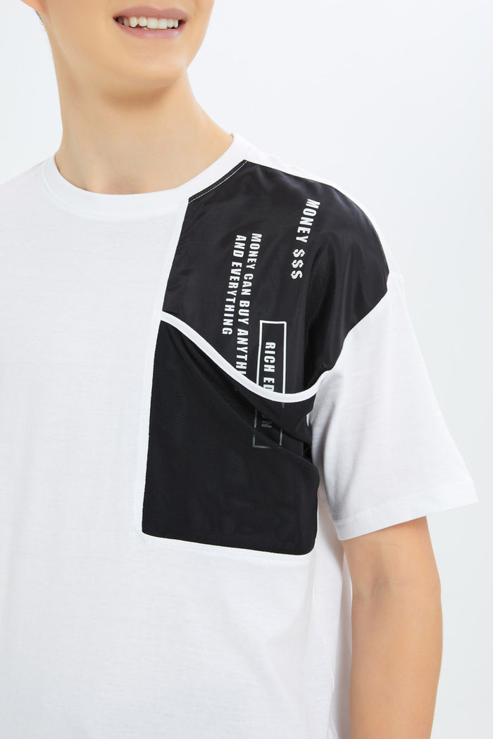 Redtag-Boys-White-Oversize-Mesh-Pocket-Tee-BSR-T-Shirts,-Category:T-Shirts,-Colour:White,-Deals:New-In,-Filter:Senior-Boys-(8-to-14-Yrs),-New-In-BSR-APL,-Non-Sale,-S23B,-Section:Boys-(0-to-14Yrs)-Senior-Boys-9 to 14 Years