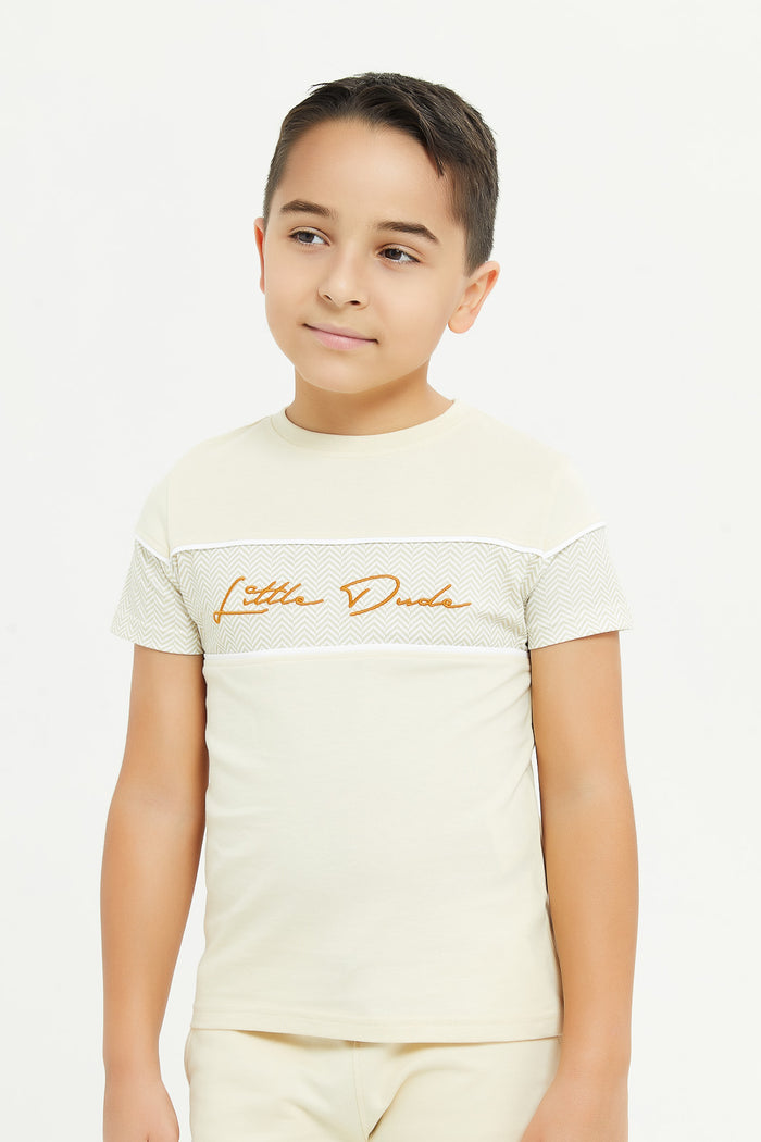 Redtag-Boys-Beige-Paneled-T-Shirt-And-Shorts-Set-BOY-Sets,-Category:Sets,-Colour:Beige,-Deals:New-In,-Event:EID,-Filter:Boys-(2-to-8-Yrs),-H1:KWR,-H2:BOY,-H3:SET,-H4:CAE,-KWRBOYSETCAE,-New-In-BOY-APL,-Non-Sale,-Packs,-ProductType:Sets,-Promo:EID,-RMD,-S23D,-Season:S23D,-Section:Boys-(0-to-14Yrs),-Set:Set-of-2-Boys-2 to 8 Years