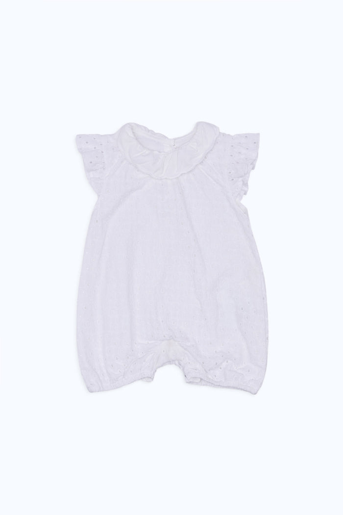 Redtag-Boys-White-Anglaise-Romper-Category:Rompers,-Colour:White,-Deals:New-In,-Event:,-Filter:Baby-(0-to-12-Mths),-H1:KWR,-H2:NBF,-H3:RMS,-H4:RMS,-NBB-Rompers,-New-In-NBB-APL,-Non-Sale,-Promo:,-RMD,-S23C,-Season:S23C,-Section:Boys-(0-to-14Yrs)-Baby-0 to 12 Months