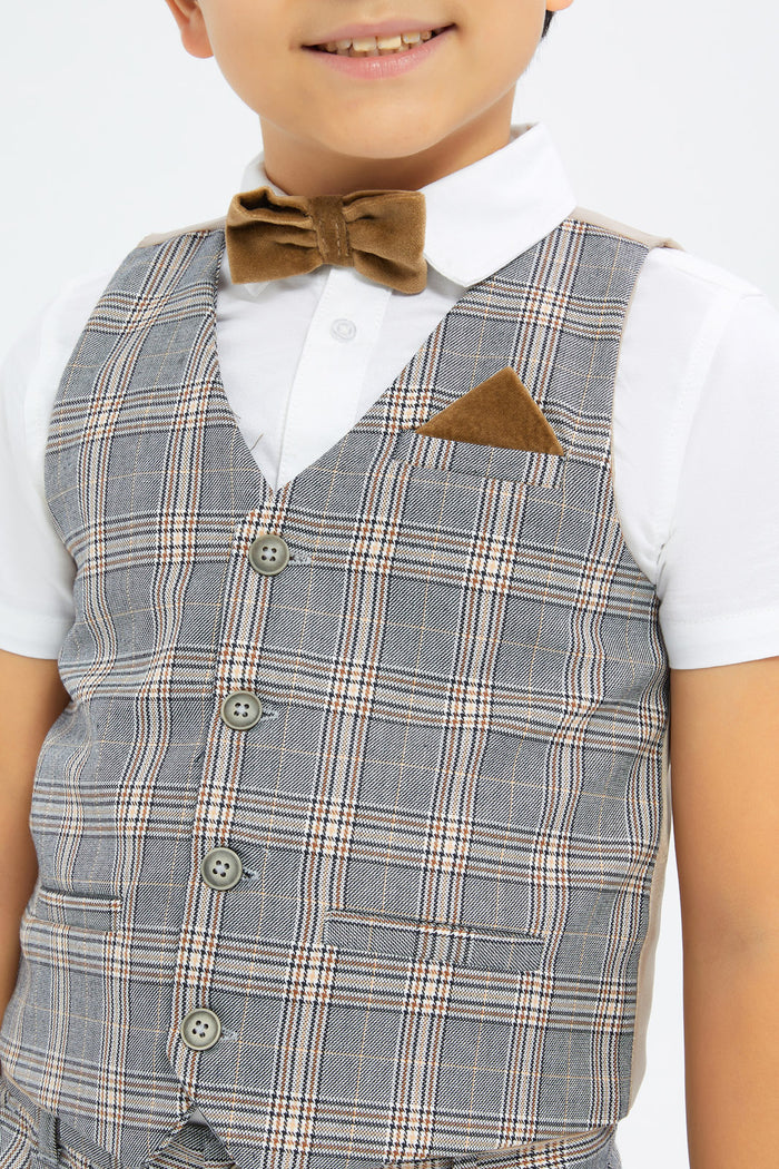 Redtag-Boys-Grey-Check-Waistcoat-And-Shirt-With-Bow-Tie-Set-BOY-Sets,-Category:Sets,-Colour:Grey,-Deals:New-In,-Event:,-Filter:Boys-(2-to-8-Yrs),-H1:KWR,-H2:BOY,-H3:SET,-H4:CAE,-New-In-BOY-APL,-Non-Sale,-Packs,-Promo:,-RMD,-S23C,-Season:S23C,-Section:Boys-(0-to-14Yrs),-Set:Set-of-3-Boys-2 to 8 Years