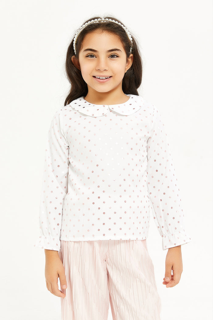 Redtag-Girls-White-Foil-Print-Top-Category:Blouses,-Colour:White,-Deals:New-In,-Event:,-Filter:Girls-(2-to-8-Yrs),-GIR-Blouses,-H1:KWR,-H2:GIR,-H3:BLO,-H4:CBL,-New-In-GIR-APL,-Non-Sale,-Promo:,-RMD,-S23D,-Season:S23C,-Section:Girls-(0-to-14Yrs)-Girls-2 to 8 Years