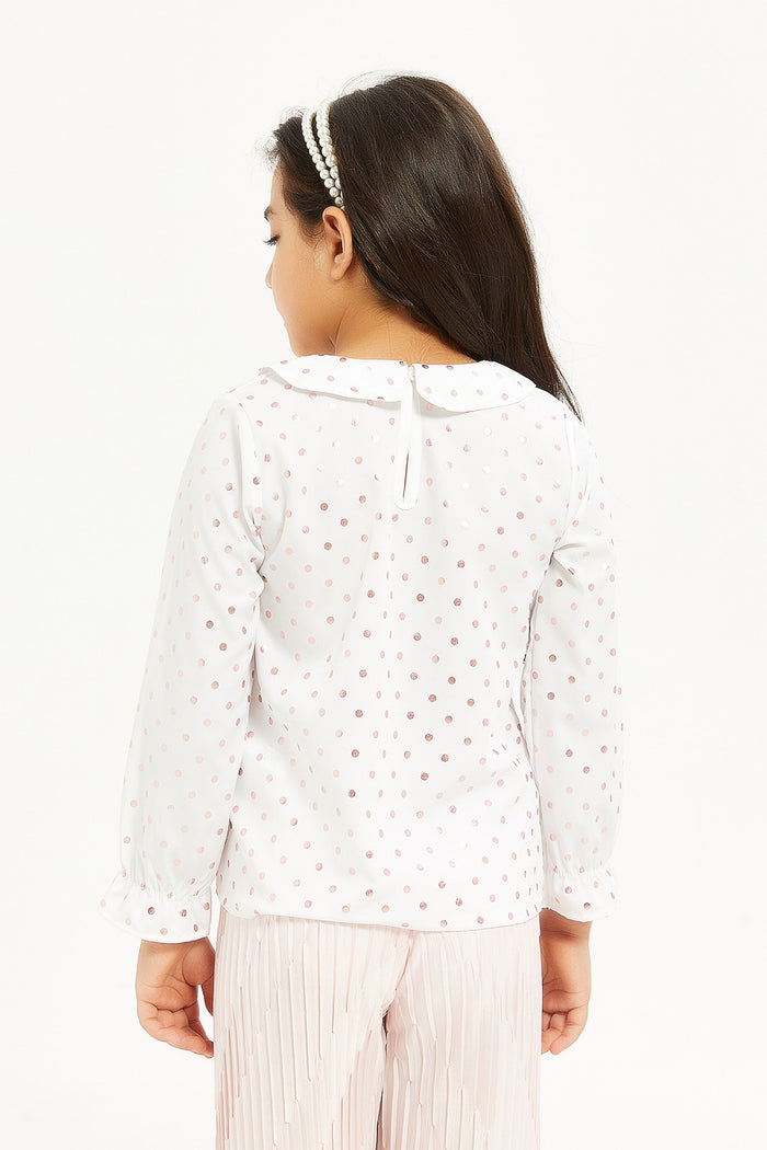 Redtag-Girls-White-Foil-Print-Top-Category:Blouses,-Colour:White,-Deals:New-In,-Event:,-Filter:Girls-(2-to-8-Yrs),-GIR-Blouses,-H1:KWR,-H2:GIR,-H3:BLO,-H4:CBL,-New-In-GIR-APL,-Non-Sale,-Promo:,-RMD,-S23D,-Season:S23C,-Section:Girls-(0-to-14Yrs)-Girls-2 to 8 Years