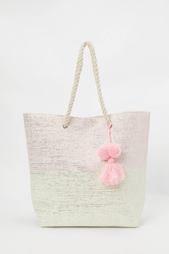 Redtag-Pink-And-White-Beach-Bag-Category:Bags,-Colour:Assorted,-Filter:Women's-Accessories,-New-In,-New-In-Women-ACC,-Non-Sale,-S23B,-Section:Women,-Women-Bags-Women-