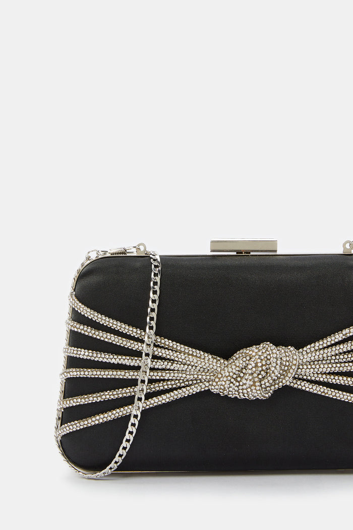Redtag-Black-Knot-With-Embellishment-Evening-Clutch-Category:Bags,-Colour:Black,-Daytime,-Filter:Women's-Accessories,-H1:ACC,-H2:LAD,-H3:LAB,-H4:HBG,-Iftar,-New-In,-New-In-Women-ACC,-Non-Sale,-RMD,-RMD-WHOLE-DAY,-S23B,-Season:S23B,-Section:Women,-Women-Bags-Women-