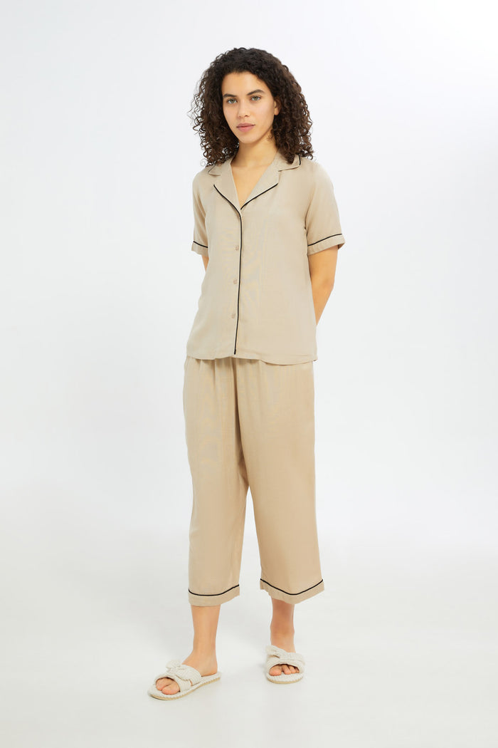 Redtag-Women-Beige-Linen-Short-Sleeves-Pyjama-Set-Category:Pyjama-Sets,-Colour:Beige,-Deals:New-In,-Filter:Women's-Clothing,-H1:LWR,-H2:LDN,-H3:NWR,-H4:PJS,-New-In-Women-APL,-Non-Sale,-RMD,-S23C,-Season:S23C,-Section:Women,-Women-Pyjama-Sets--