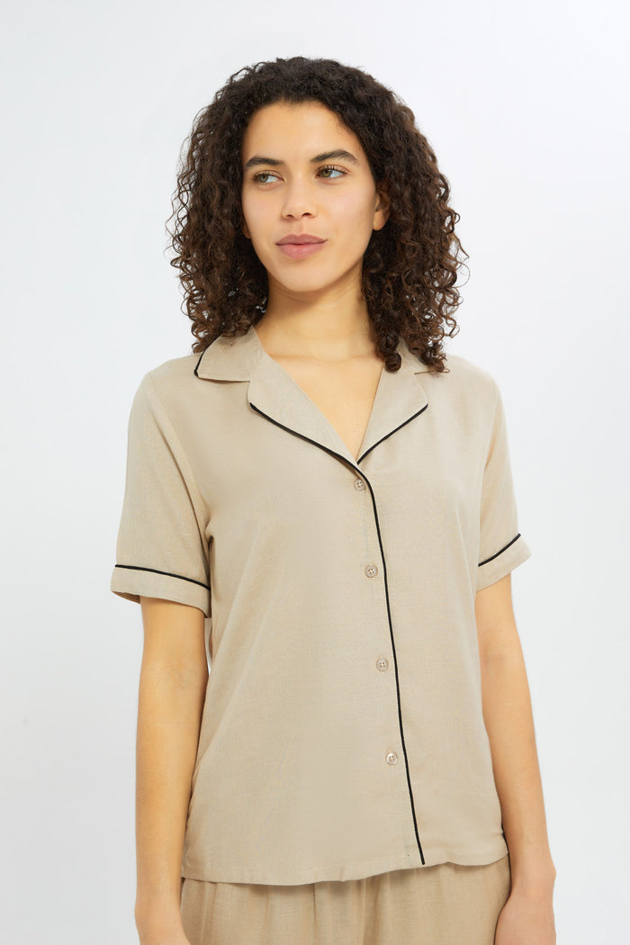 Redtag-Women-Beige-Linen-Short-Sleeves-Pyjama-Set-Category:Pyjama-Sets,-Colour:Beige,-Deals:New-In,-Filter:Women's-Clothing,-H1:LWR,-H2:LDN,-H3:NWR,-H4:PJS,-New-In-Women-APL,-Non-Sale,-RMD,-S23C,-Season:S23C,-Section:Women,-Women-Pyjama-Sets--