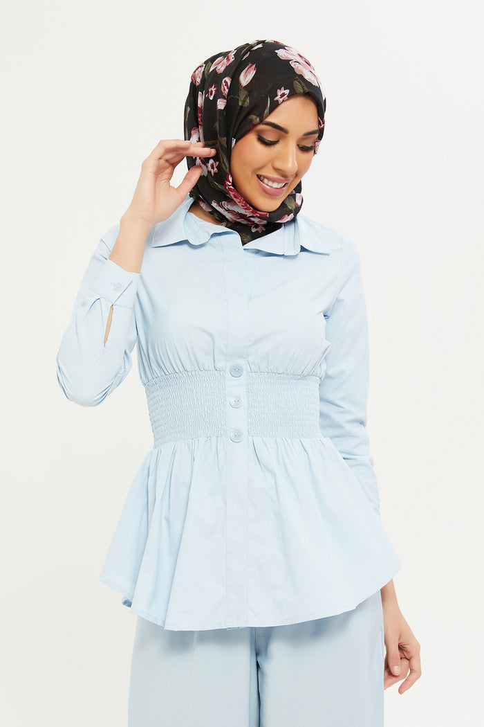 Redtag-Women-Collared-Waist-Smocking-Long-Sleeves-Blouse-Category:Blouses,-Colour:Blue,-Deals:New-In,-Filter:Women's-Clothing,-H1:LWR,-H2:LMC,-H3:BLO,-H4:CBL,-LMC,-Modest,-New-In-Women-APL,-Non-Sale,-RMD,-S23C,-Season:S23C,-Section:Women,-Women-Blouses--