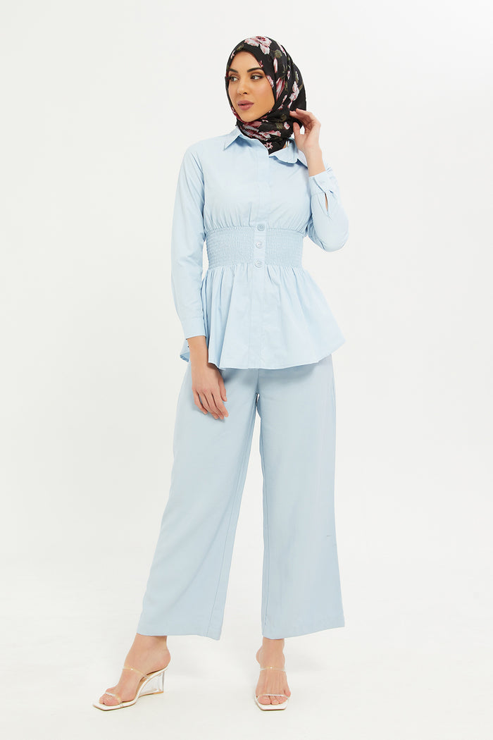 Redtag-Women-Collared-Waist-Smocking-Long-Sleeves-Blouse-Category:Blouses,-Colour:Blue,-Deals:New-In,-Filter:Women's-Clothing,-H1:LWR,-H2:LMC,-H3:BLO,-H4:CBL,-LMC,-Modest,-New-In-Women-APL,-Non-Sale,-RMD,-S23C,-Season:S23C,-Section:Women,-Women-Blouses--