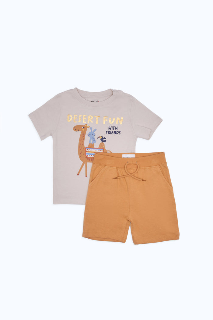 Redtag-Boys-Cream-Camel-T-Shirt-And-Short-Terry-Set-2-Pack-Category:Sets,-Colour:Cream,-Deals:New-In,-Filter:Infant-Boys-(3-to-24-Mths),-H1:KWR,-H2:INB,-H3:SET,-H4:CAE,-INB-Sets,-New-In-INB-APL,-Non-Sale,-Packs,-RMD,-S23C,-Season:S23C,-Section:Boys-(0-to-14Yrs),-Set:Set-of-2-Infant-Boys-3 to 24 Months
