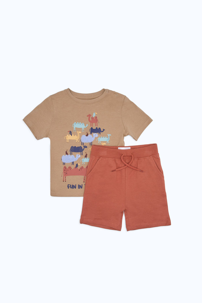 Redtag-Boys-Stone-Camel-Aop-T-Shirt-And-Terry-Short-Set-2-Pack-Category:Sets,-Colour:Beige,-Deals:New-In,-Filter:Infant-Boys-(3-to-24-Mths),-H1:KWR,-H2:INB,-H3:SET,-H4:CAE,-INB-Sets,-New-In-INB-APL,-Non-Sale,-Packs,-RMD,-S23C,-Season:S23C,-Section:Boys-(0-to-14Yrs),-Set:Set-of-2-Infant-Boys-3 to 24 Months