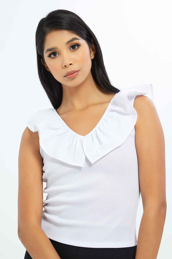 Redtag-Women-White-Frill-Top-Category:Tops,-Colour:White,-Deals:New-In,-Filter:Women's-Clothing,-LEC,-LEC-Tops,-New-In-LEC-APL,-Non-Sale,-S23B,-Section:Women-Women's-