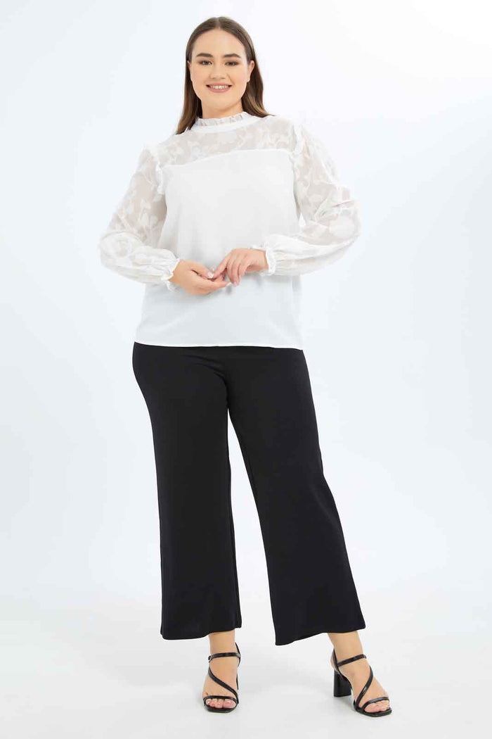 Redtag-Women-Ivory-Jacquard-Yoke-&-Sleeve-Detail-Blouse-Category:Blouses,-Colour:Ivory,-Deals:New-In,-Filter:Plus-Size,-LDP-Blouses,-New-In-LDP-APL,-Non-Sale,-S23B,-Section:Women-Women's-
